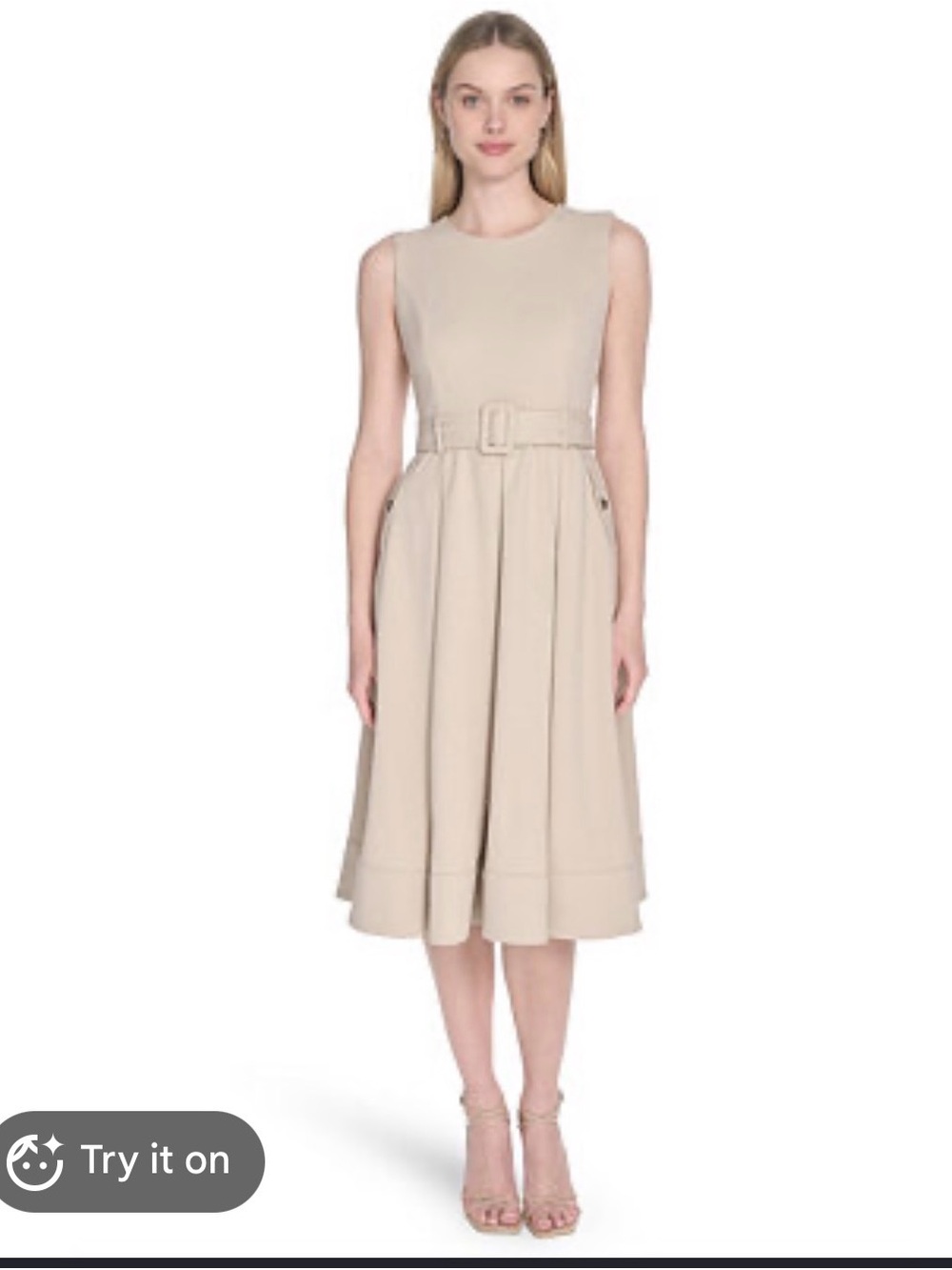 Calvin Klein Sleeveless Belted Midi Dress in Beige
